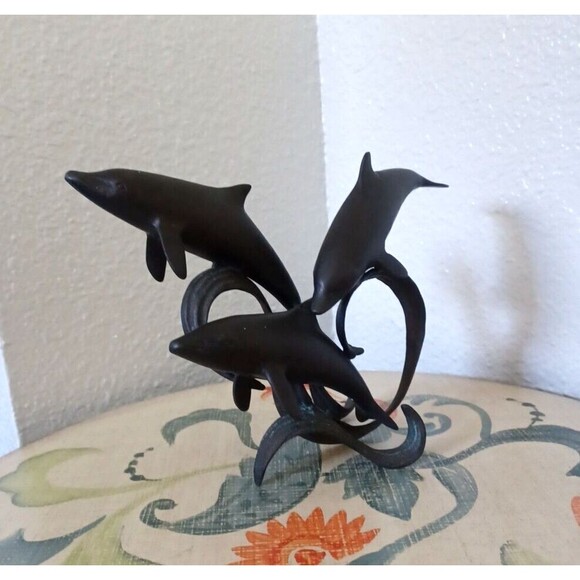 Vintage Dancing Dolphins Bronze Wave Base MCM Sculpture Patina Swimming Dolphins - Picture 9 of 12